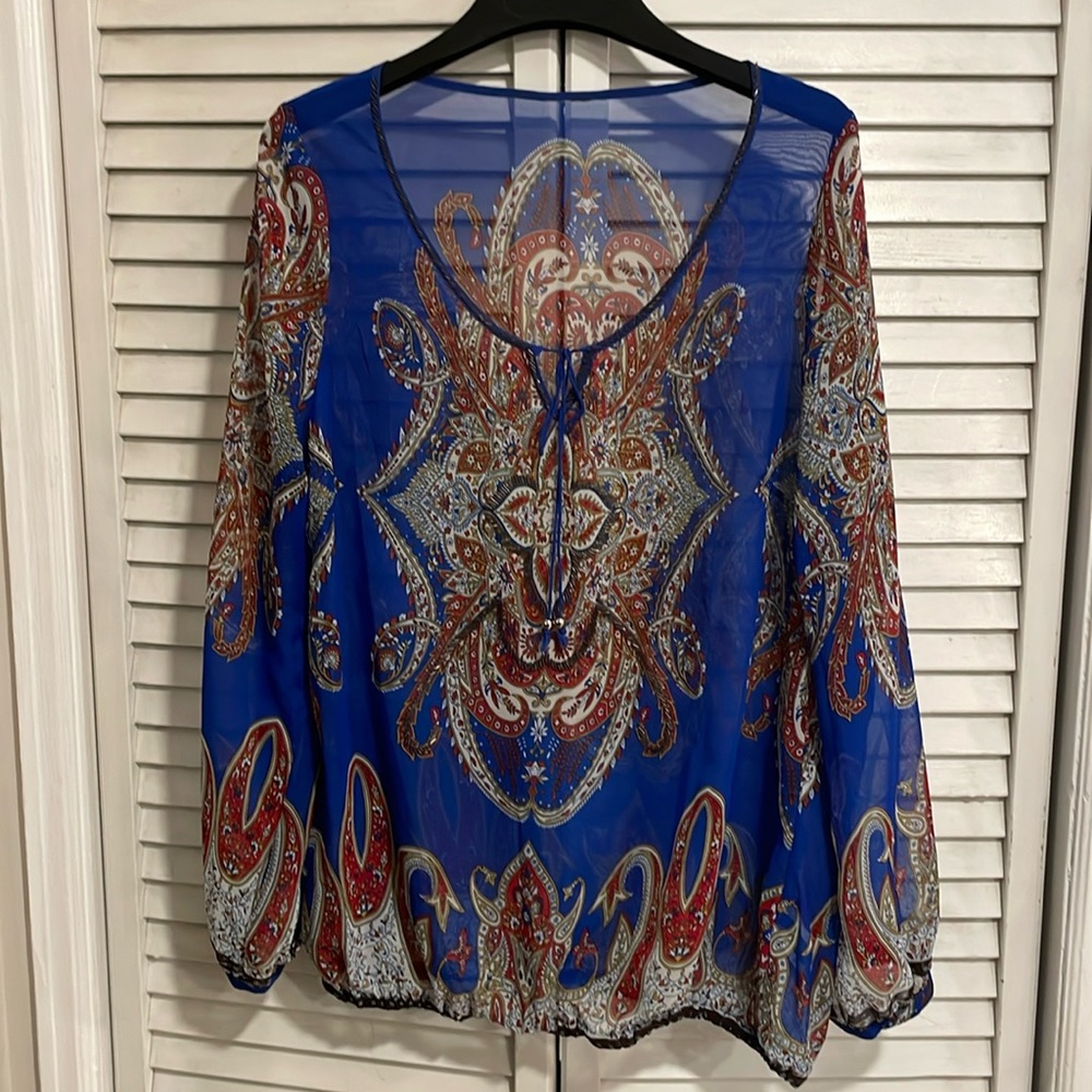 I JEANS BY BUFFALO Blue India Print Long Sleeve Peasant Blouse, Size Medium